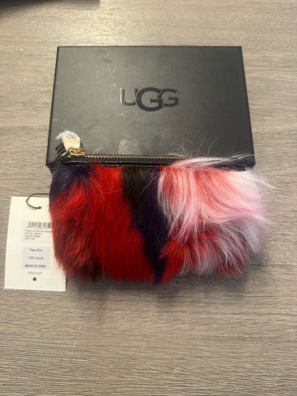 UGG Faux Fur Multicolor Zip Cosmetic Pouch - Red, Pink, Black